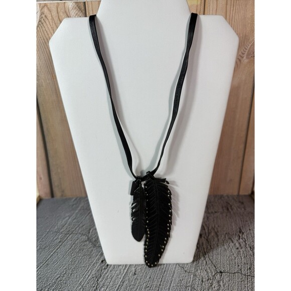 NWT Coach Black Metal and Leather Strap Feather Necklace 28" - Picture 2 of 15